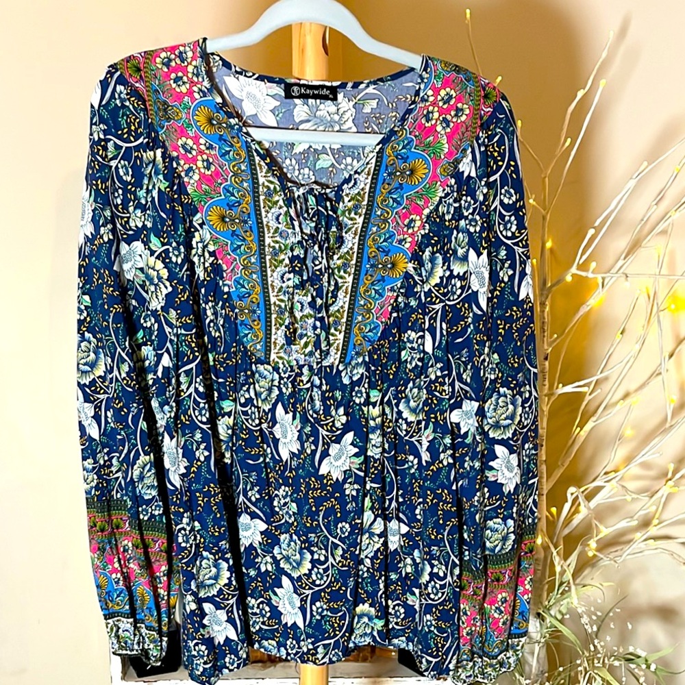 💙Kaywide XL Flowy navy/pink/orange/white Long Sleeve double tie,balloon sleeves.